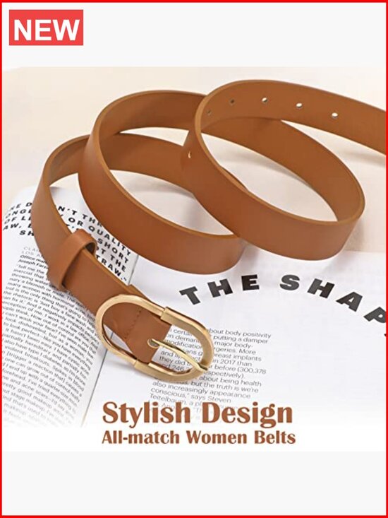 3 Pack Women\'s Belts with Gold Buckle, Premium PU Leather
